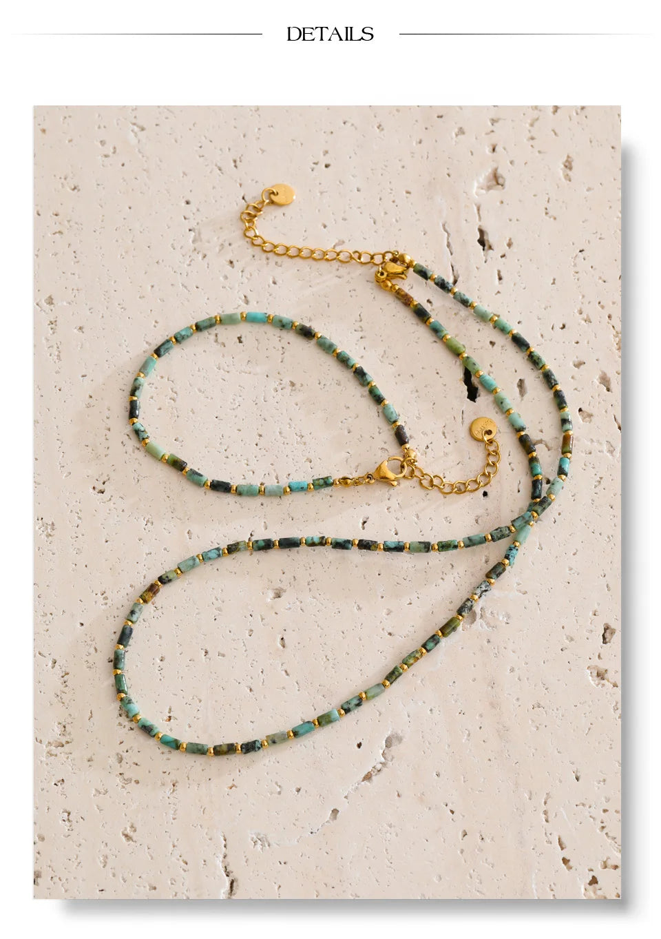 Natural stone beaded geometric necklace in gold-plated stainless steel with natural stone.