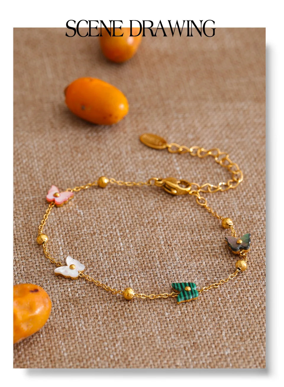 Shell Natural Stone Butterfly Bracelet — Gold-Plated Stainless Steel with Natural Stone and Shell · PS1015