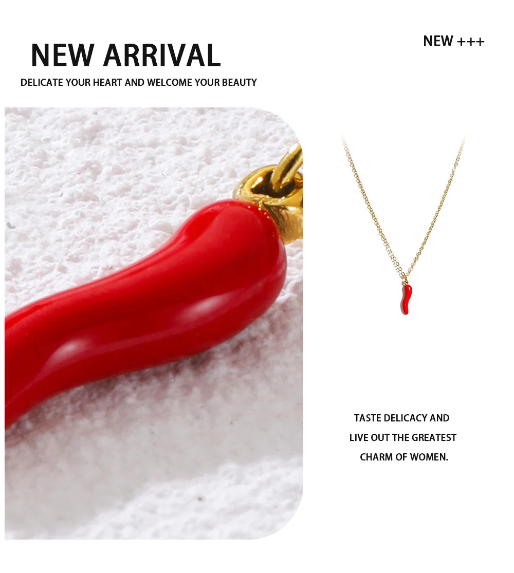 Chain Necklace Enamel Red Hot Pepper Pendant — 316L Stainless Steel · PS474