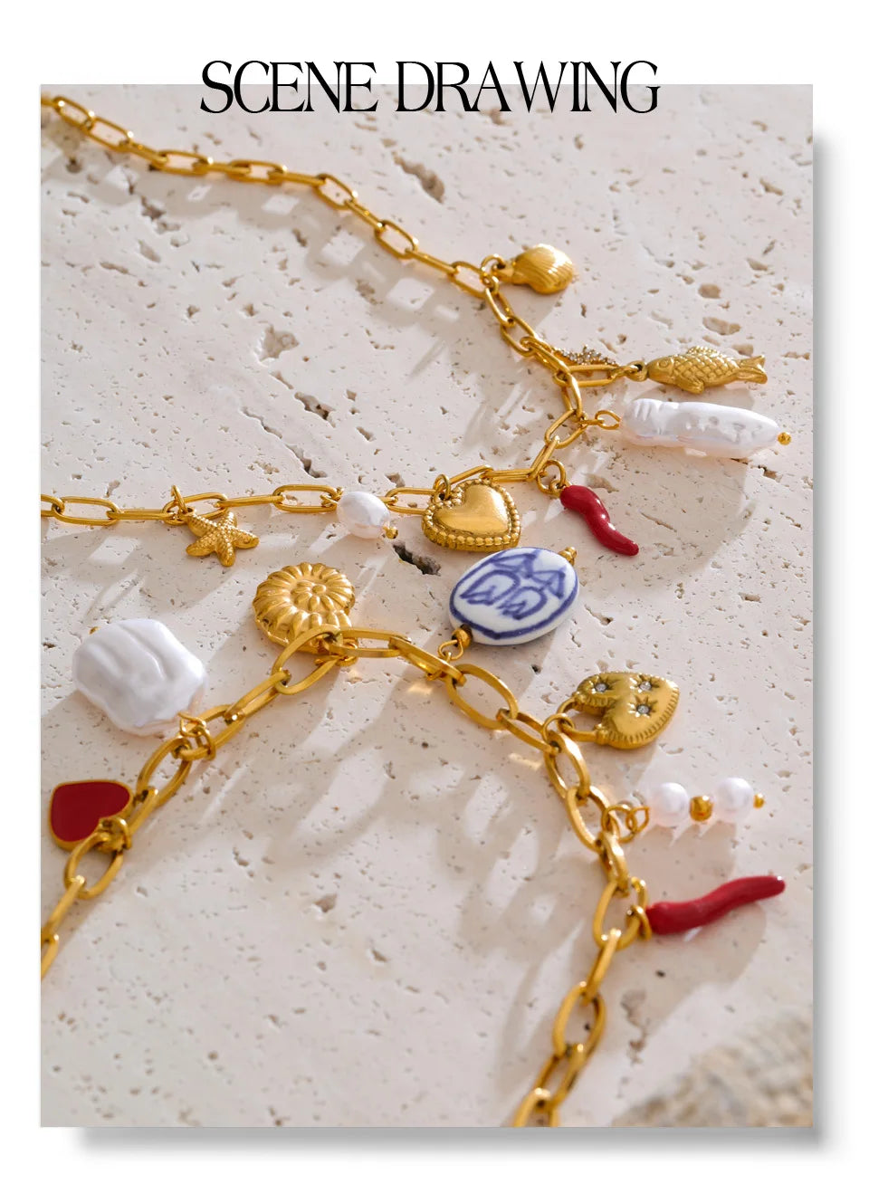 Pearl shell flower necklace in gold-plated stainless steel with pearl and shell.