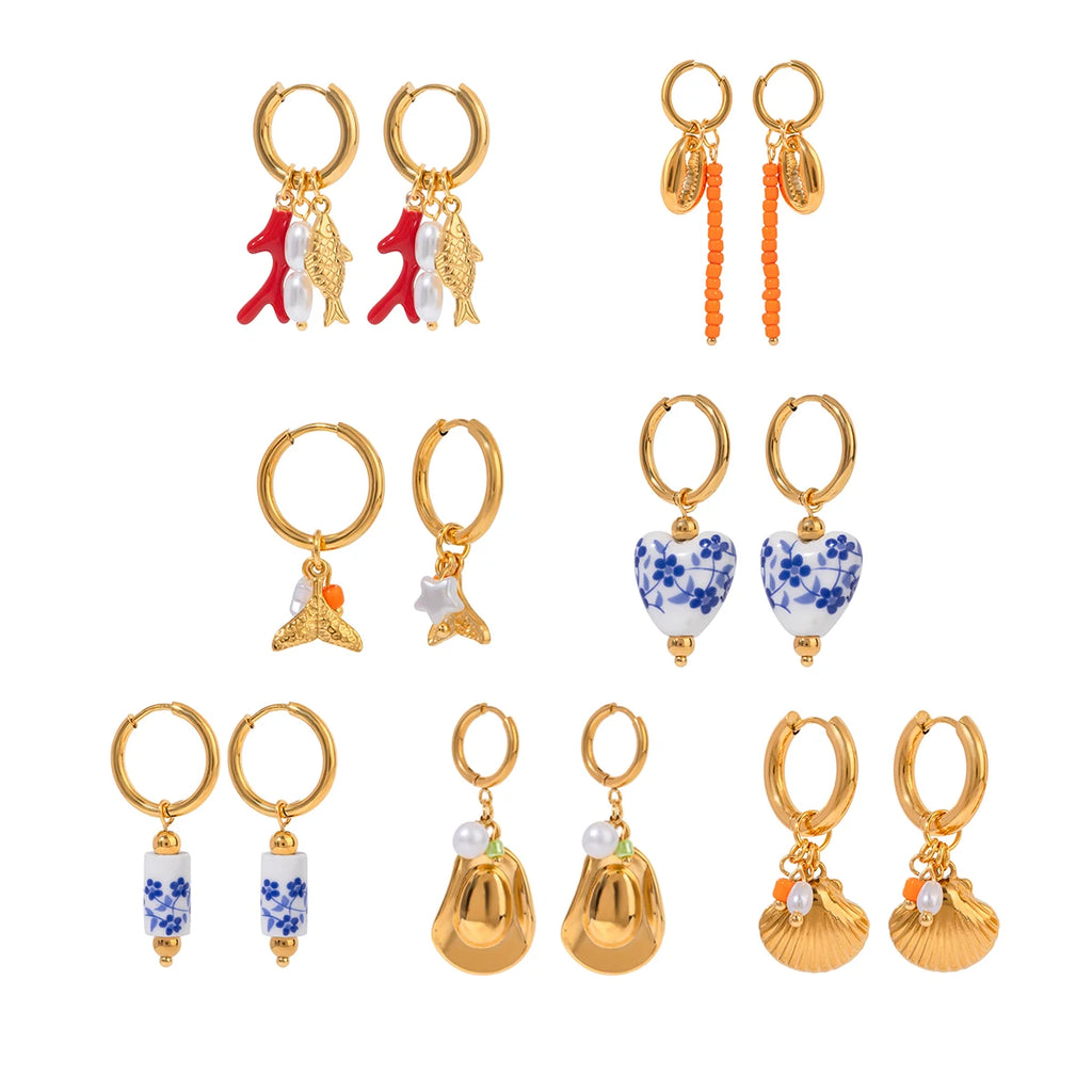 Color Stone Charm Hoop Earrings — Stainless Steel · PS099