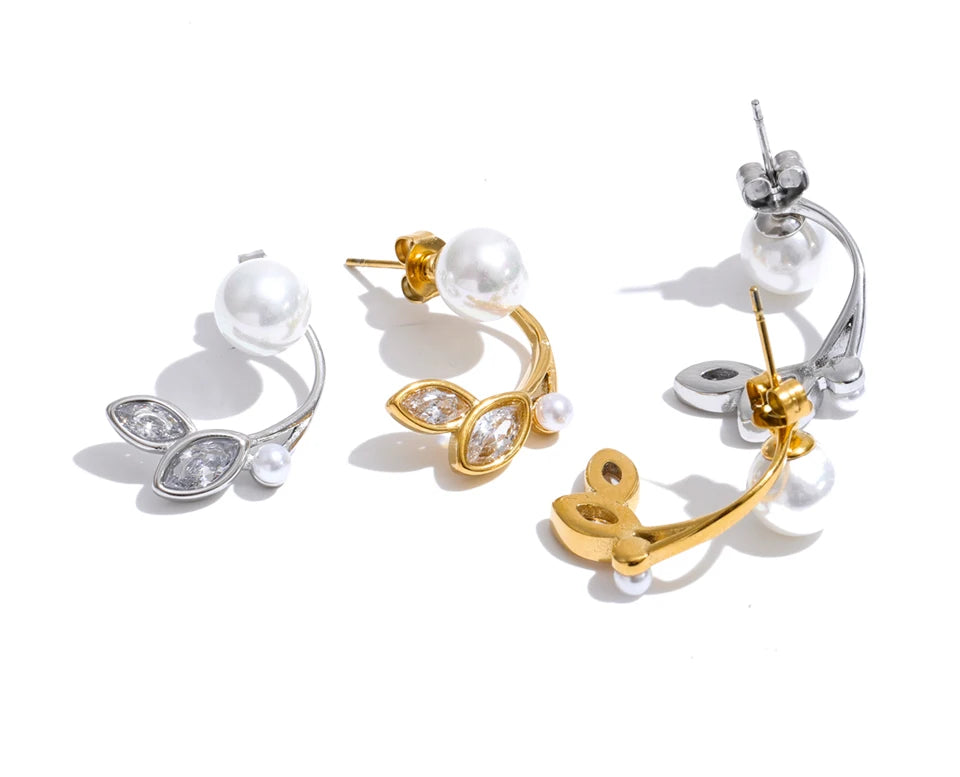 Cubic Zirconia Pearl Geometric Earrings — Gold-Plated Stainless Steel with Pearl and Cubic Zirconia · PS1303