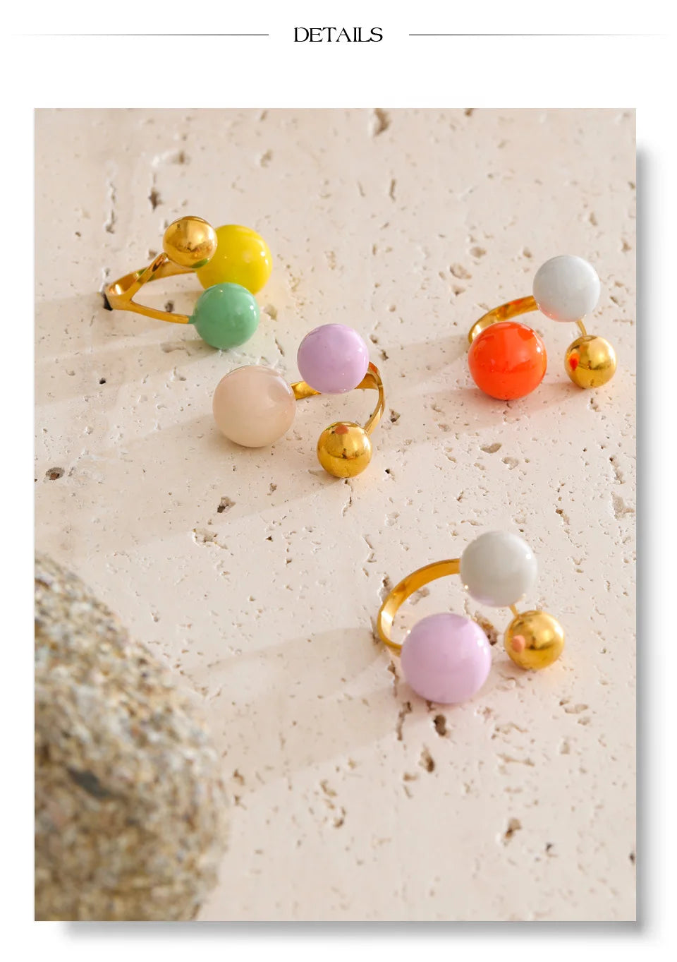 Enamel multi-color geometric ring in 18K gold-plated stainless steel with enamel.