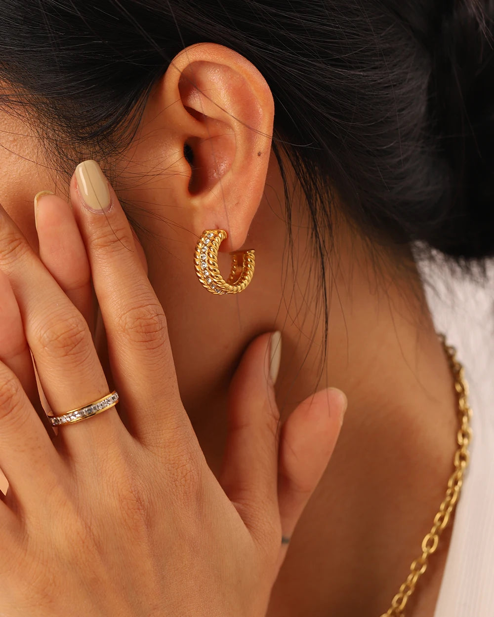 Pearl Huggie Hoop Earrings — Stainless Steel · PS333