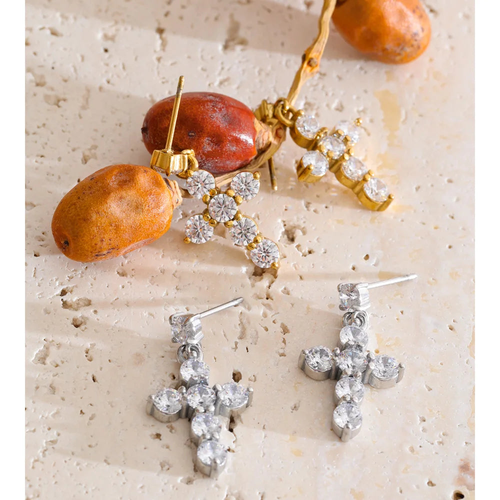 Cubic Zirconia Geometric Earrings — Gold-Plated Stainless Steel with Cubic Zirconia · PS1304