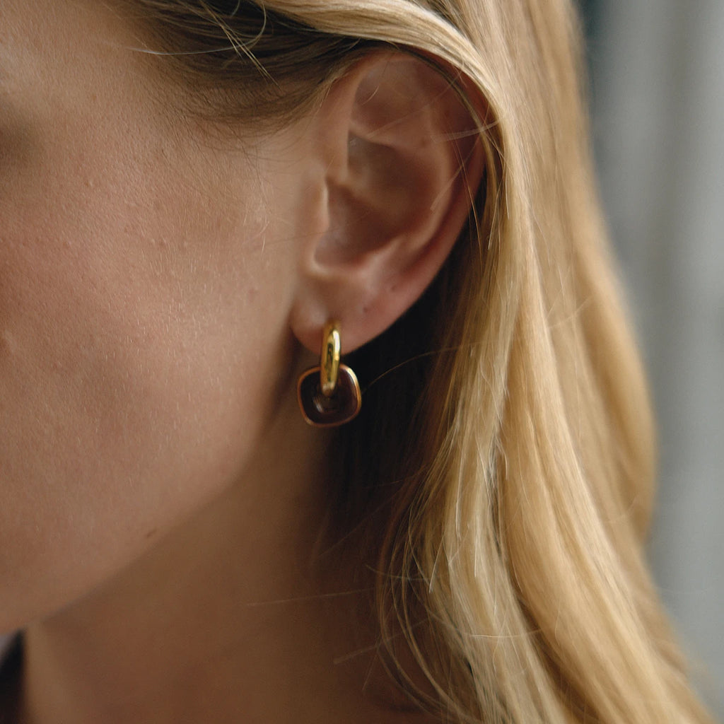Brown Enamel Double Ring Earrings — Stainless Steel · PS283