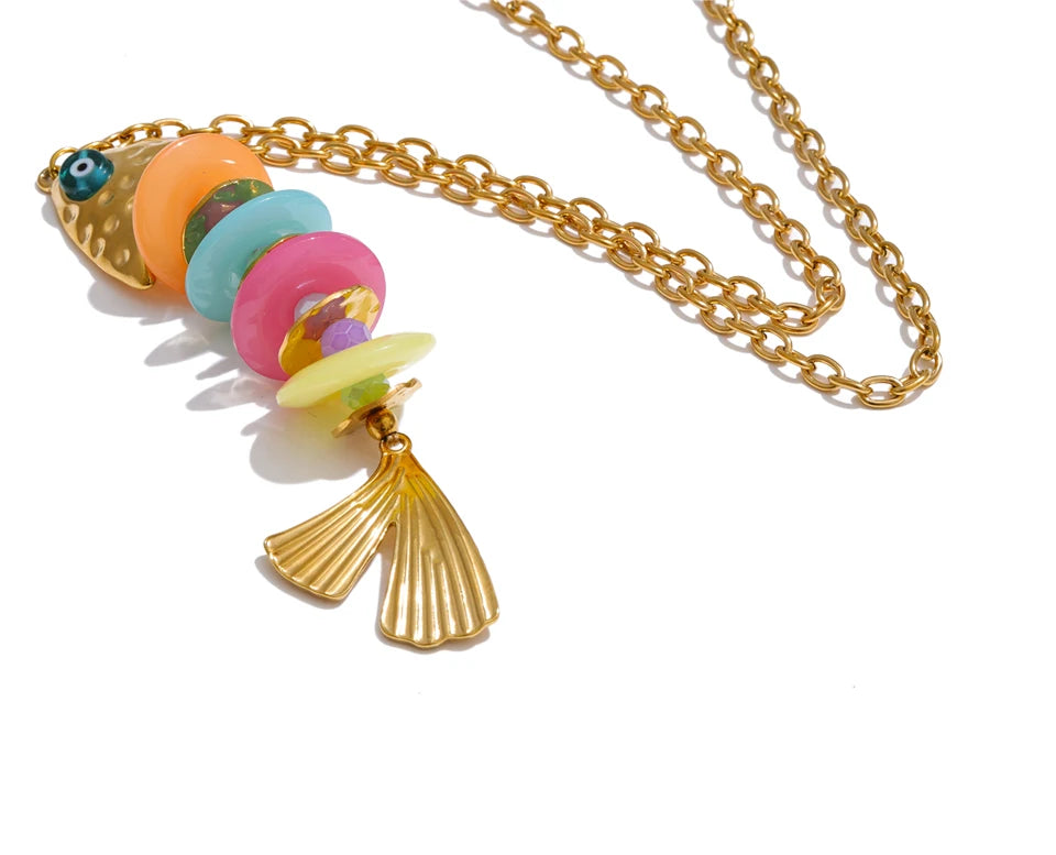 Resin Multi-Color Geometric Necklace — Gold-Plated Stainless Steel with Resin · PS2307