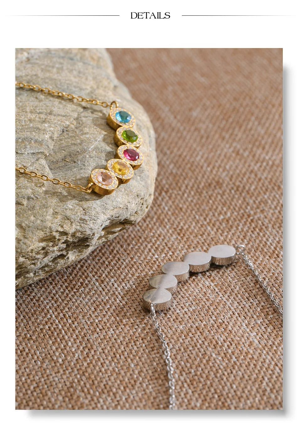 Cubic zirconia multi-color geometric necklace in gold-plated stainless steel with cubic zirconia.