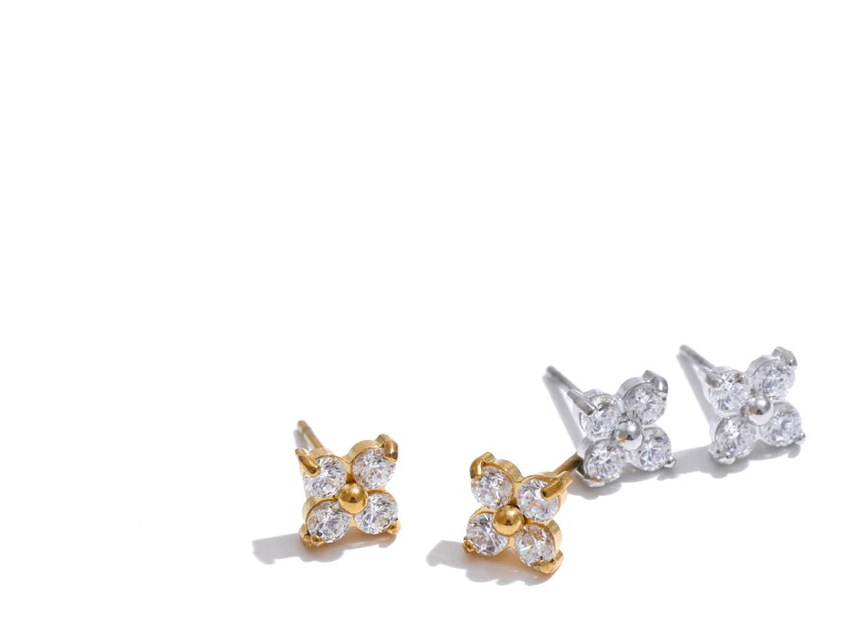 Cubic Zirconia Flower Earrings — Gold-Plated Stainless Steel with Cubic Zirconia · PS2236