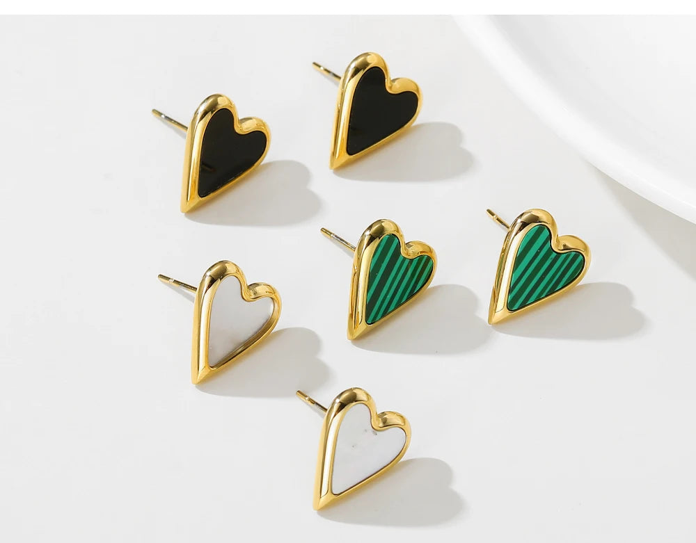 Stud Earrings Heart Vintage Green Natural Stone — 316L Stainless Steel · PS422