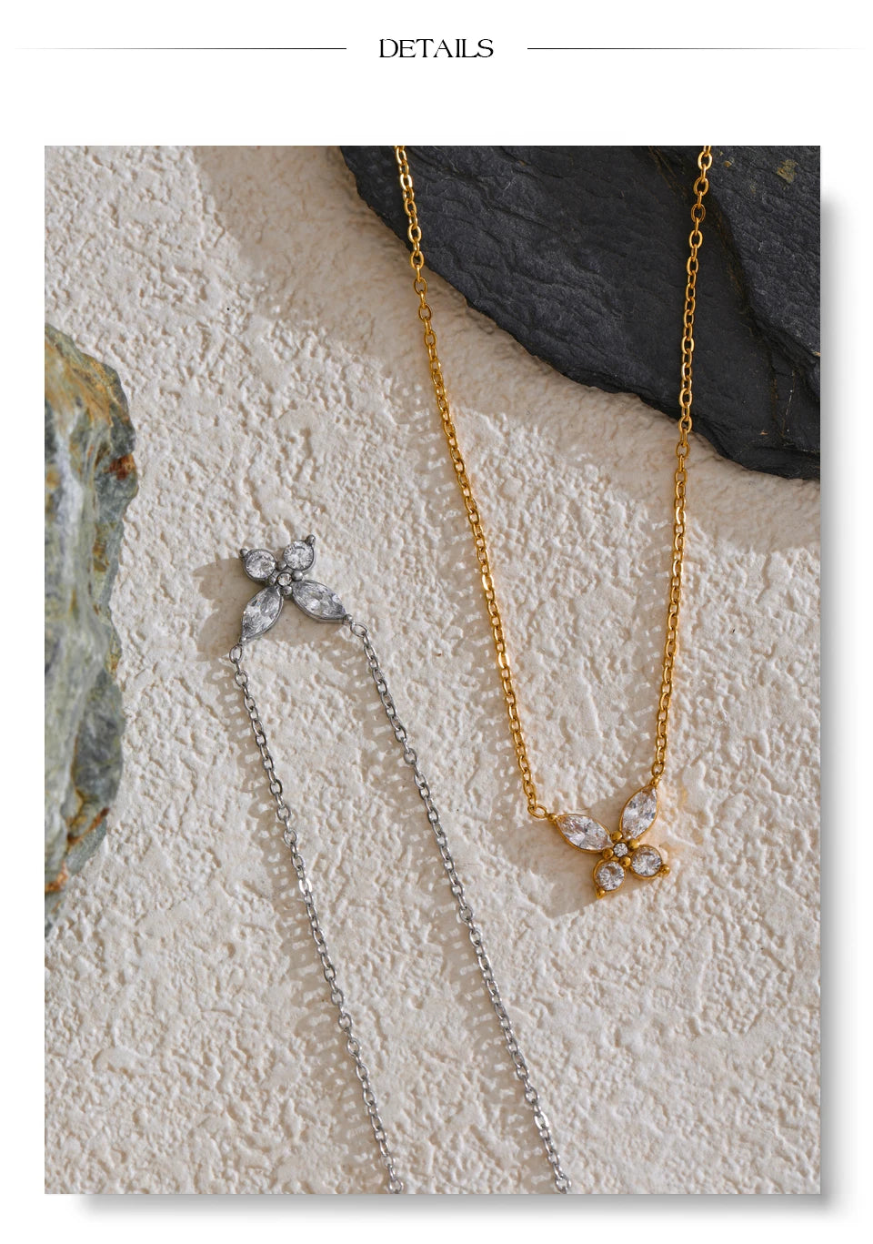 Cubic zirconia butterfly necklace in gold-plated stainless steel with cubic zirconia.