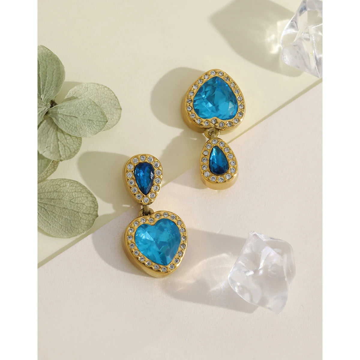 Drop Earrings Vintage Blue Crystal Heart — 316L Stainless Steel · PS466