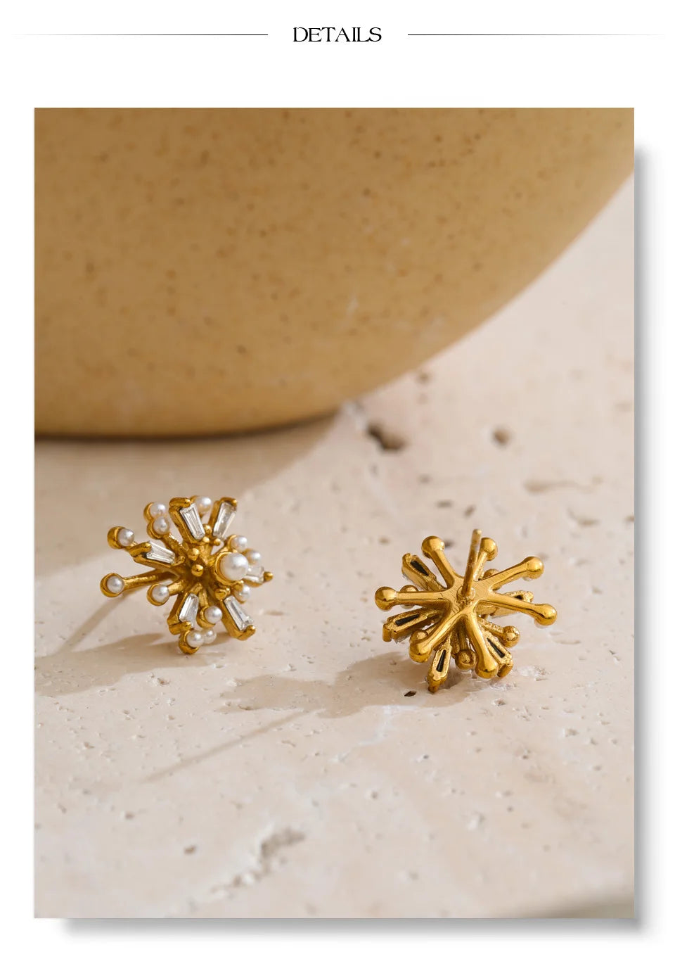 Cubic zirconia pearl flower earrings in gold-plated stainless steel with pearl and cubic zirconia.