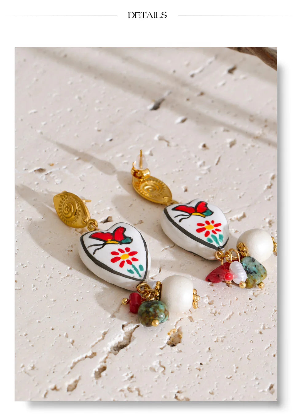 Pearl natural stone heart earrings in gold-plated stainless steel with pearl and natural stone.