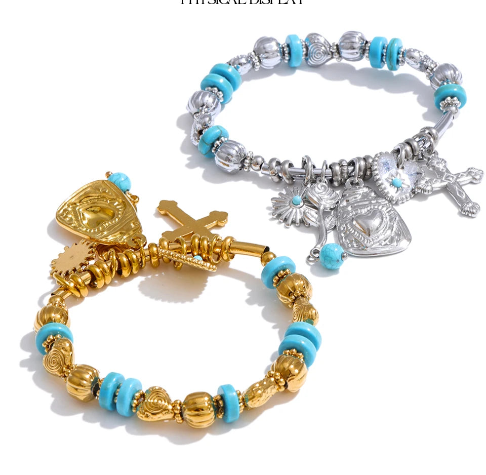 Natural Stone Heart Flower Bracelet — Gold-Plated Stainless Steel with Natural Stone · PS1086