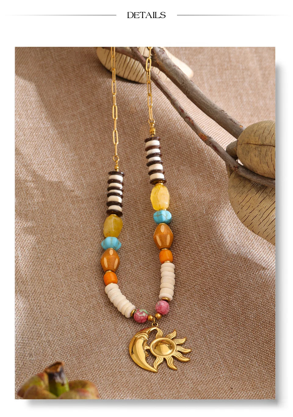 Resin natural stone moon necklace in gold-plated stainless steel with natural stone and resin.
