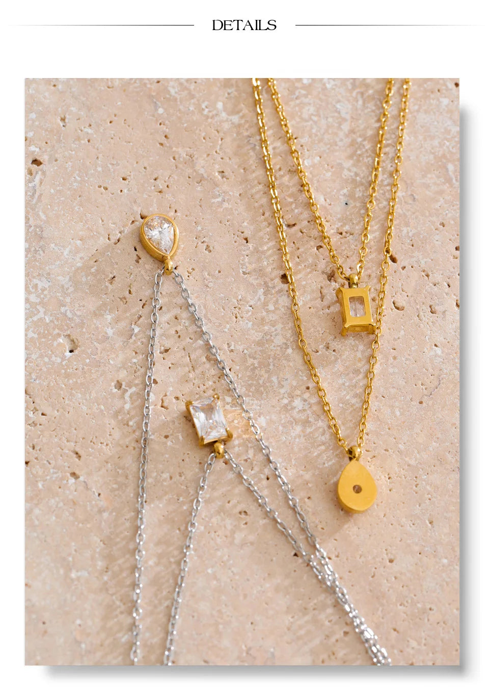 Cubic zirconia geometric layered necklace in gold-plated stainless steel with cubic zirconia.