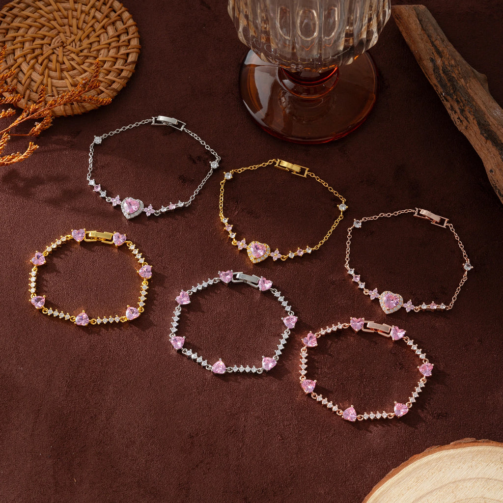Pink Heart Crystal Bracelet for Women 18K Gold Plated Copper Chain Romantic Love Jewelry Gift for Girlfriend Valentine's Day
