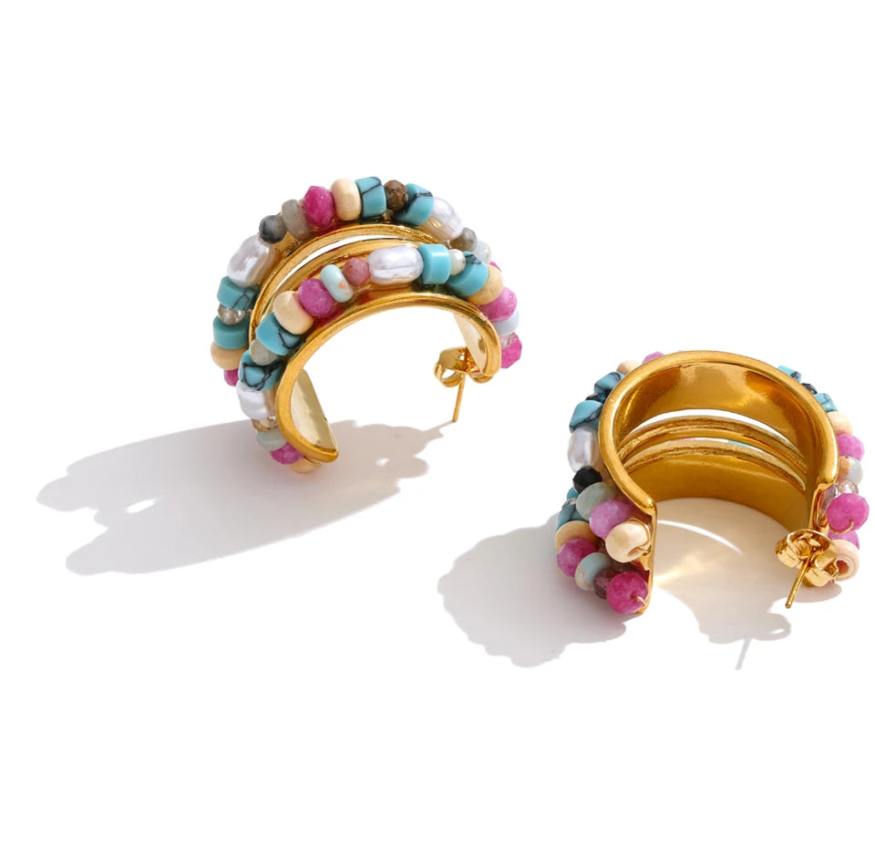 Pearl crystal natural stone earrings in gold-plated stainless steel with pearl and natural stone.