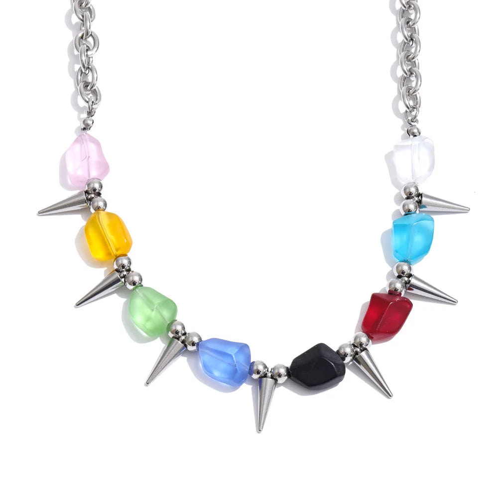 Acrylic natural stone multi-color necklace in gold-plated stainless steel with natural stone and acrylic.