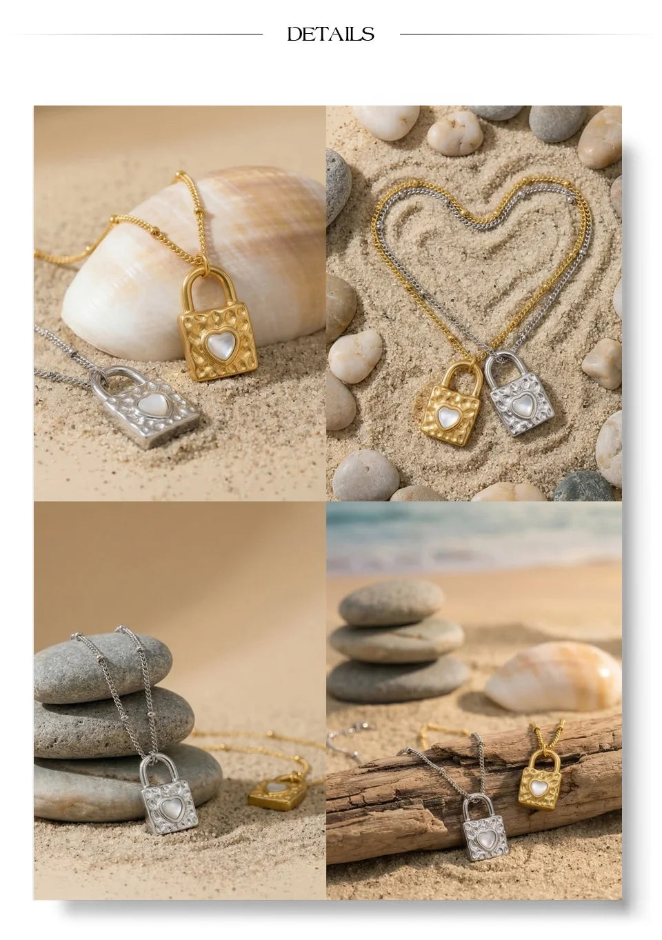 Shell heart geometric necklace in gold-plated stainless steel with shell.