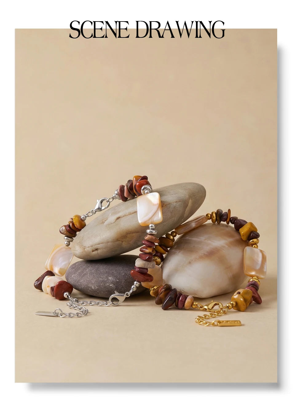 Shell Natural Stone Geometric Bracelet — Gold-Plated Stainless Steel with Natural Stone and Shell · PS1168