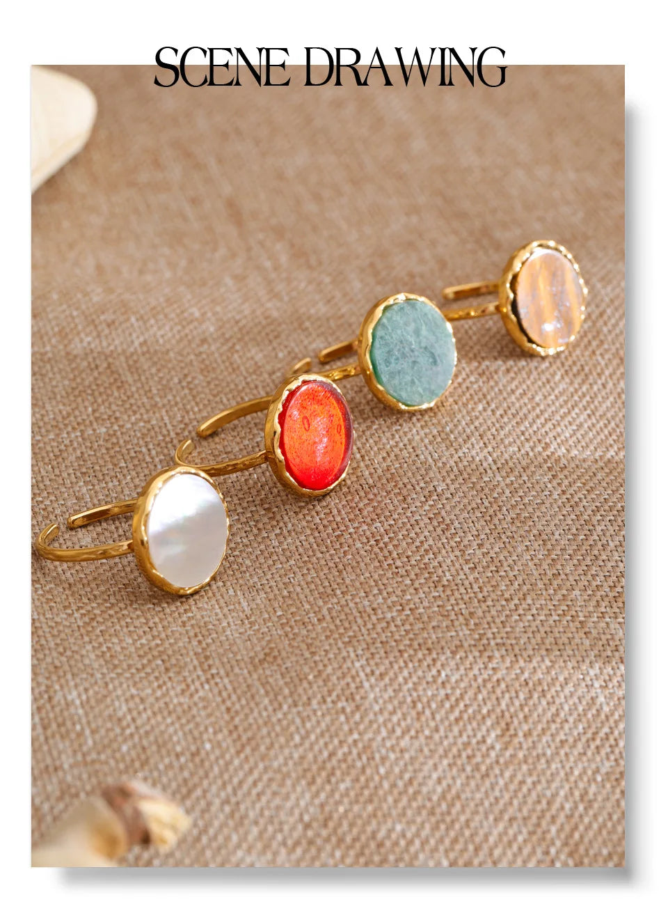 Natural stone geometric ring in 18K gold-plated stainless steel with natural stone.
