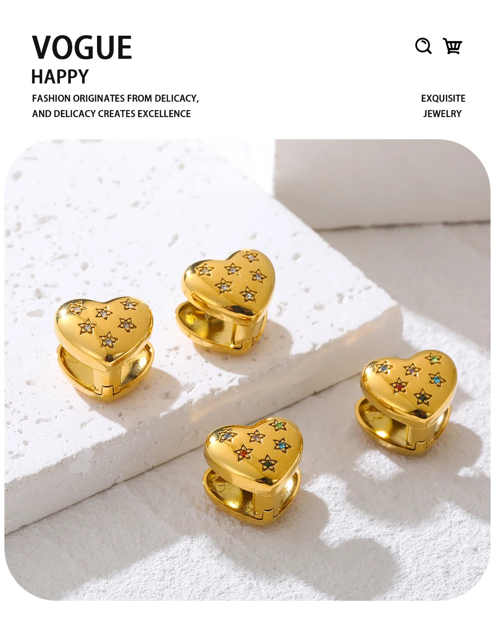 Heart Star Crystal Ear Buckle Earrings — 316L Stainless Steel · PS392
