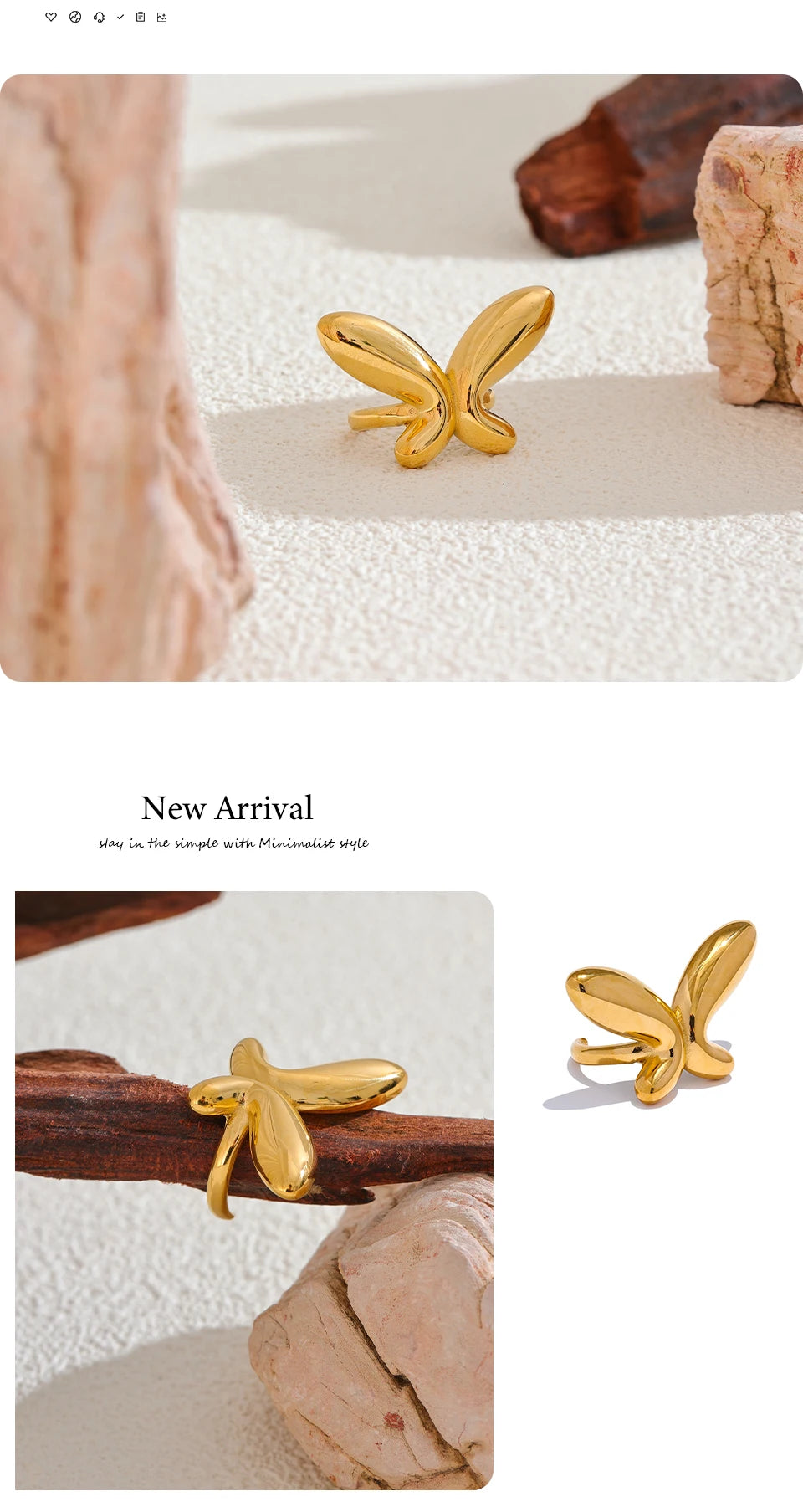 Butterfly minimalist geometric ring in 18K gold-plated 316L stainless steel.