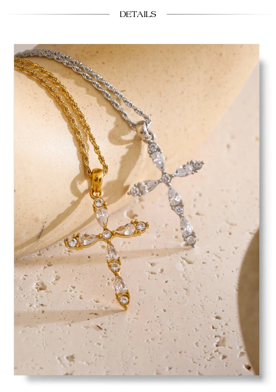 Cubic zirconia cross necklace in gold-plated stainless steel with cubic zirconia.