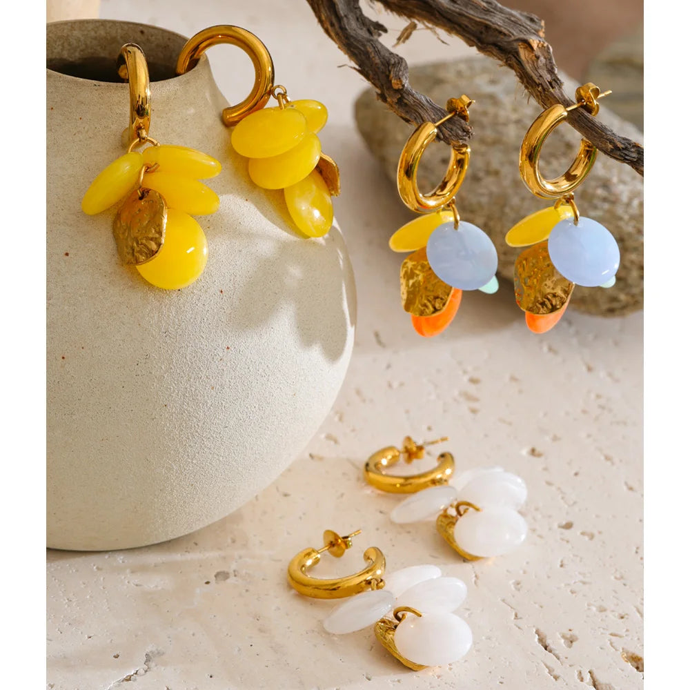 Resin acrylic multi-color earrings in gold-plated stainless steel with resin and acrylic.