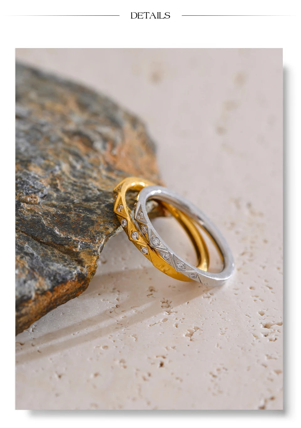 Cubic zirconia geometric ring in gold-plated stainless steel with cubic zirconia.