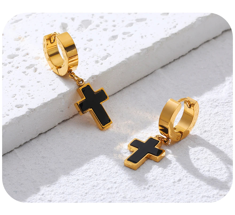 Cross Huggie Earrings Black Acrylic Charm — 316L Stainless Steel · PS456