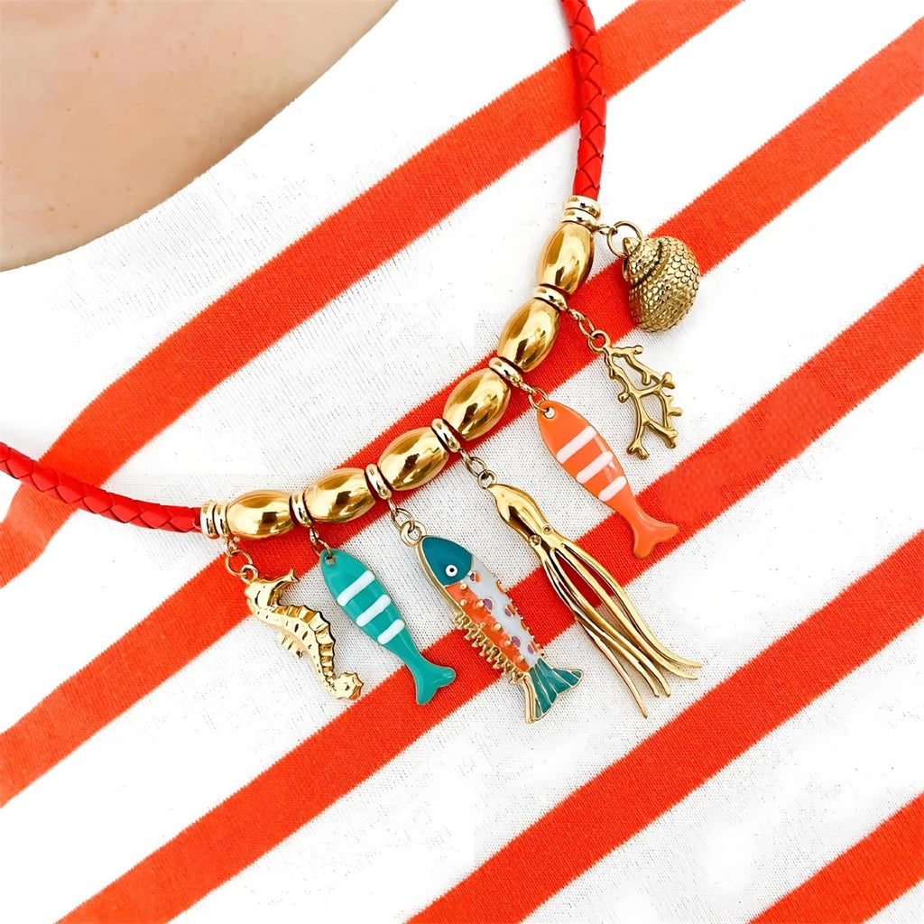 Seahorse Octopus Conch Clown Fish Multi Pendant Necklace Women's Gold Plated Color Preserved