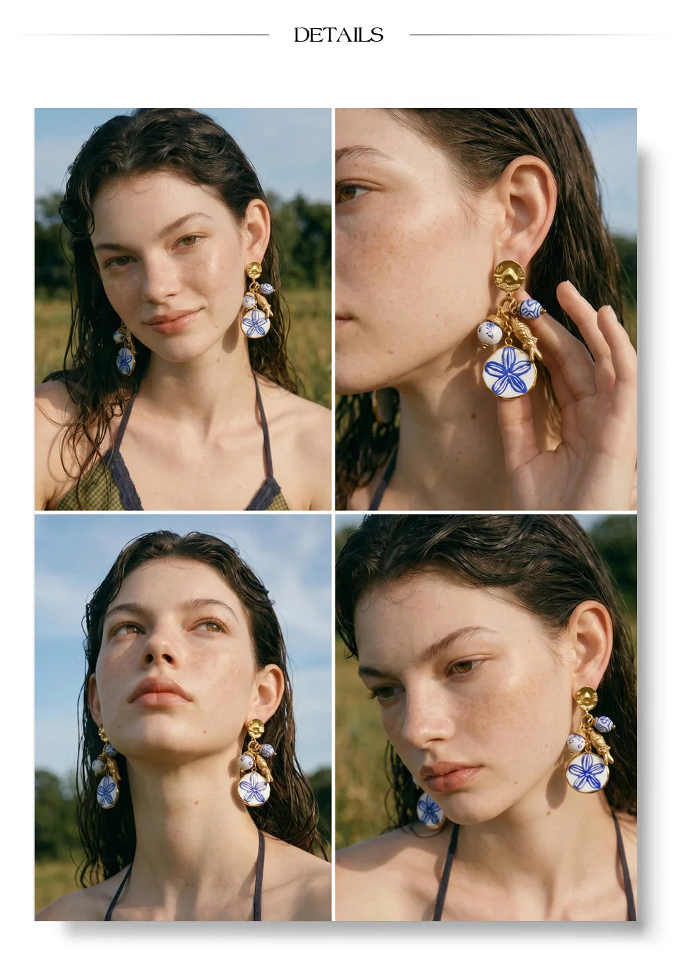 Flower beaded earrings in gold-plated stainless steel.