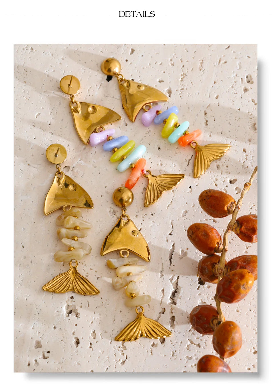 Resin multi-color geometric earrings in gold-plated stainless steel with resin.