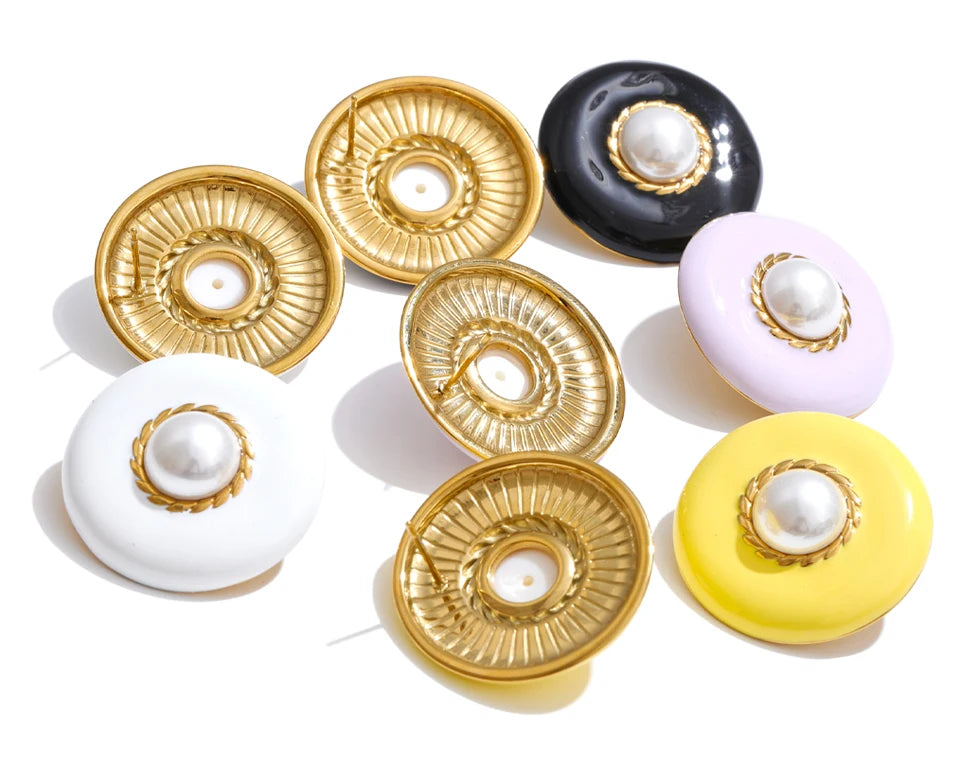 Pearl Enamel Multi-Color Earrings — Gold-Plated Stainless Steel with Pearl and Enamel · PS1521