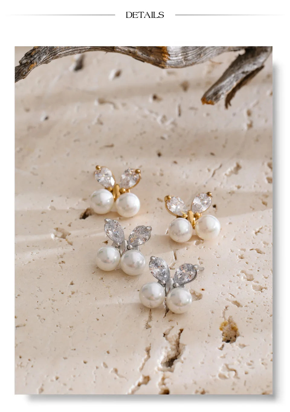 Cubic Zirconia Pearl Butterfly Earrings — Gold-Plated Stainless Steel with Pearl and Cubic Zirconia · PS1342