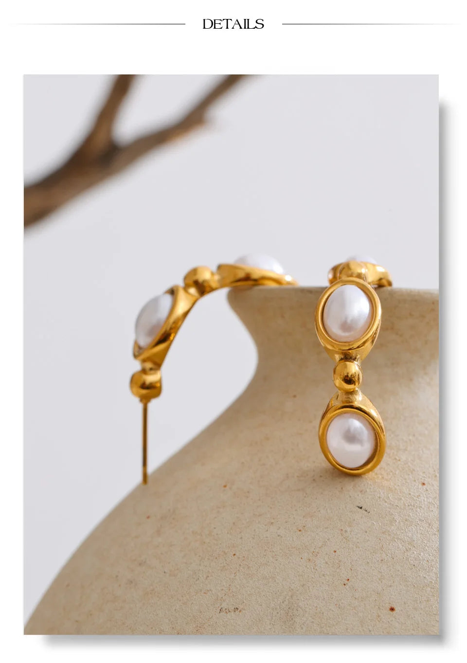 Pearl geometric earrings in gold-plated stainless steel with pearl.
