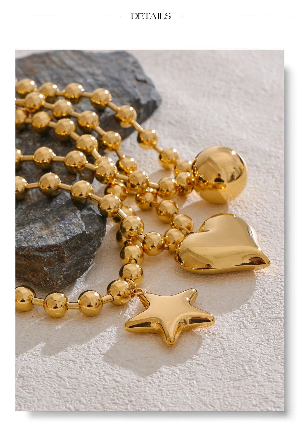 Heart star beaded necklace in gold-plated stainless steel.