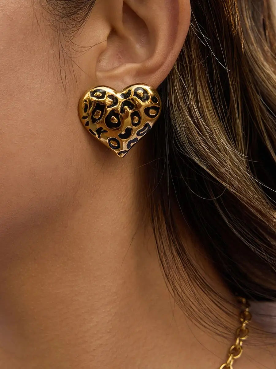 Leopard Heart Stud Earrings — Stainless Steel · PS060