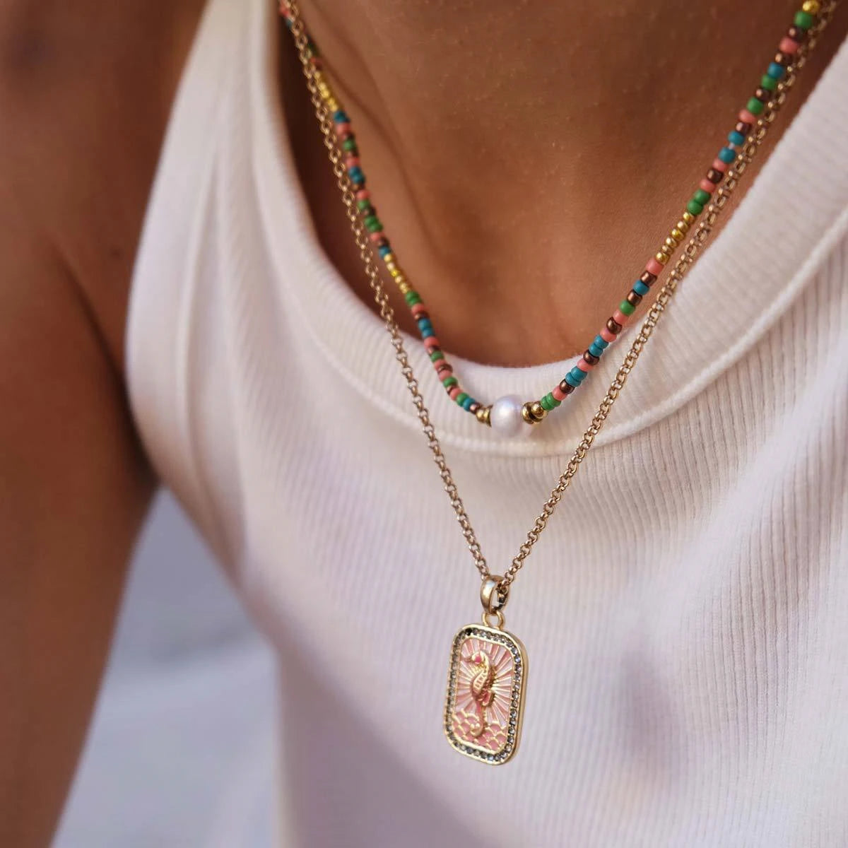 Colored Tarot Card Necklace Square Zirconia Pendant Seahorse Dolphin Brown Tree Marine Life Clavicle Chain Female