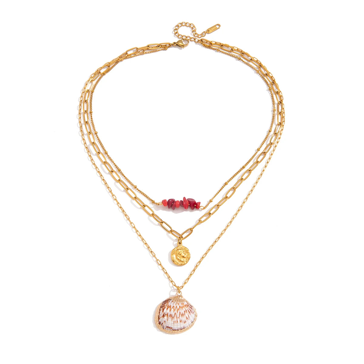 Shell Coin Layered Necklace — Stainless Steel · PS181