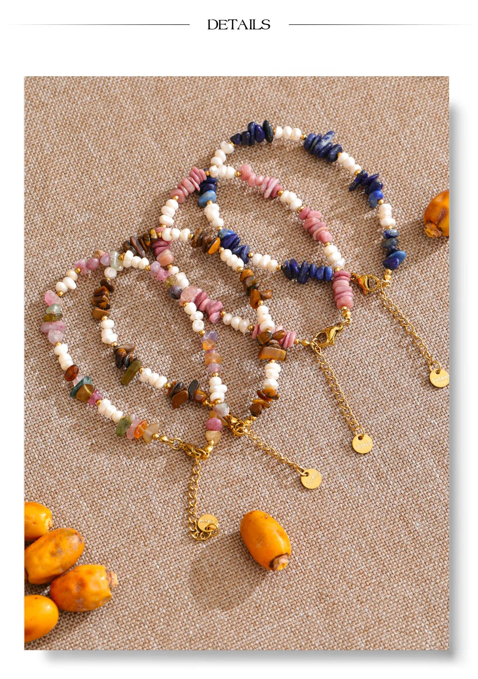 Freshwater pearl natural stone beaded necklace in gold-plated stainless steel with freshwater pearl and natural stone.