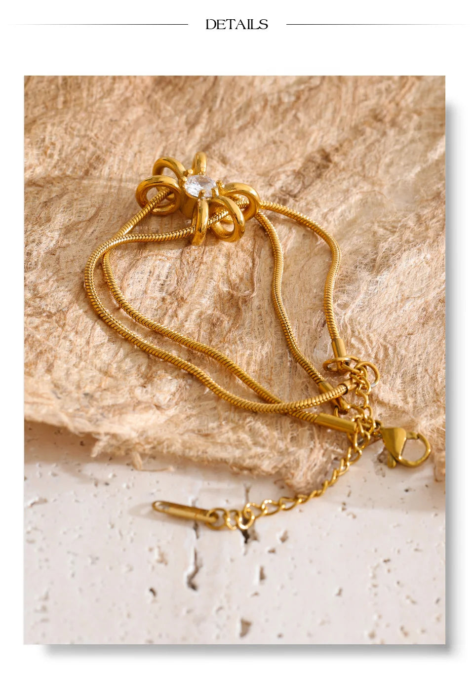 Cubic Zirconia Flower Geometric Bracelet — Gold-Plated Stainless Steel with Cubic Zirconia · PS1406