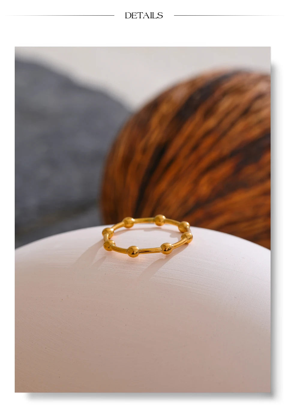Beaded minimalist geometric ring in 18K gold-plated stainless steel.