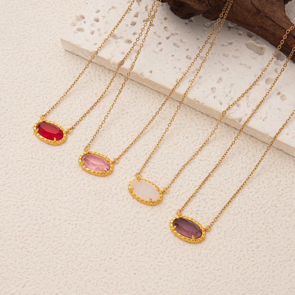 Colorful zircon necklace, natural stone, bone chain, oval, fashionable, popular, niche, personalized jewelry, gold-plated