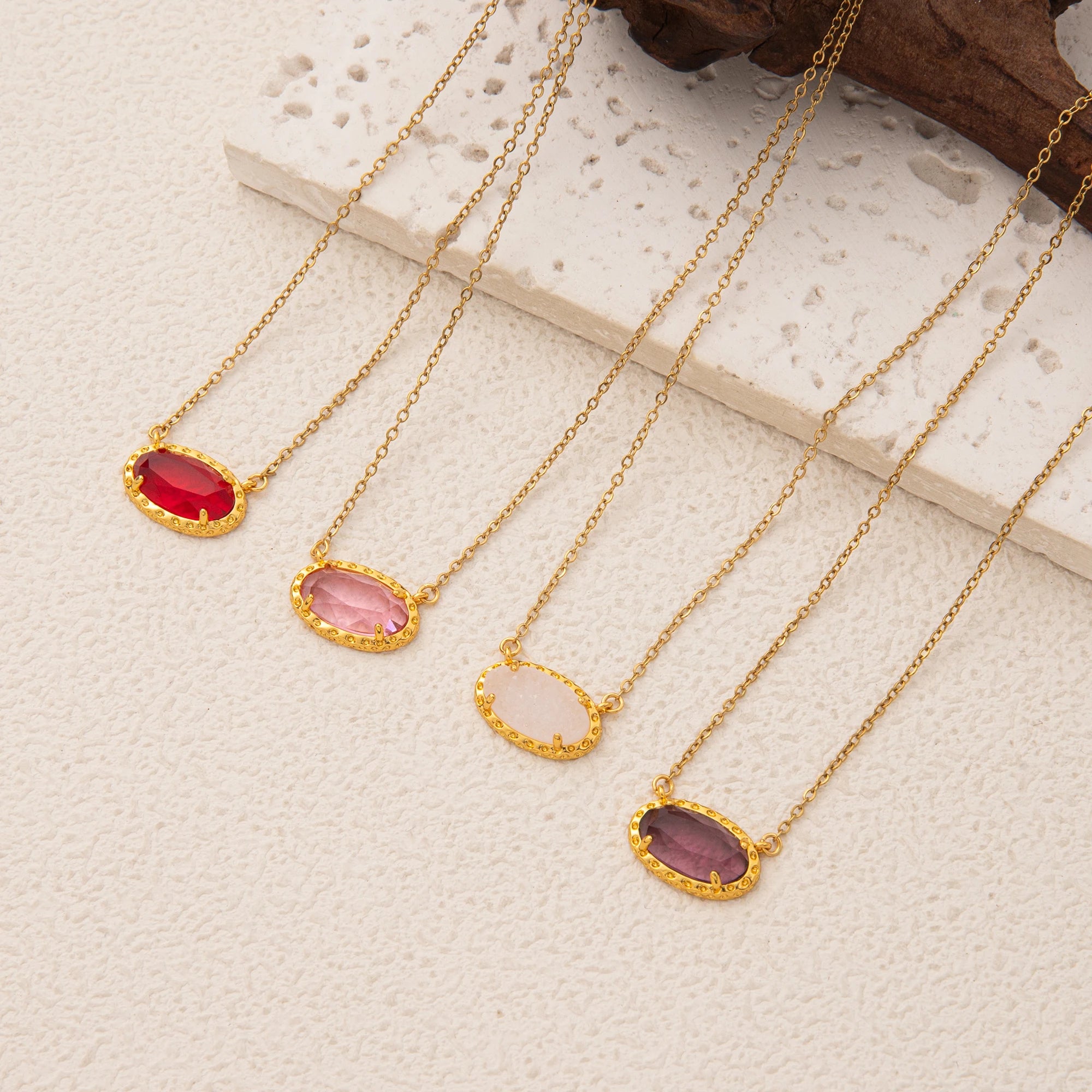 Colorful zircon necklace, natural stone, bone chain, oval, fashionable, popular, niche, personalized jewelry, gold-plated