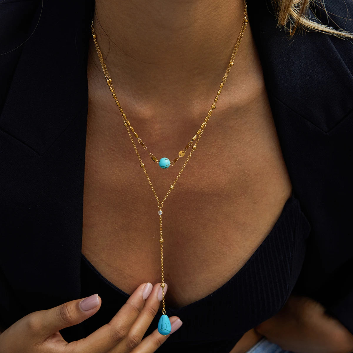 Turquoise CZ Layered Necklace — Stainless Steel · PS351