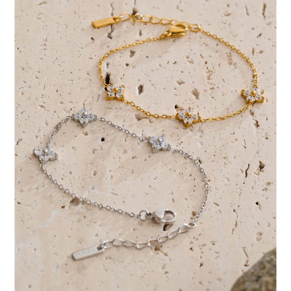 Cubic Zirconia Flower Chain Bracelet — Gold-Plated Stainless Steel with Cubic Zirconia · PS1539